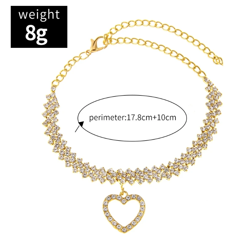 Summer Plated Gold Silver Rhinestone Chain Heart Ankle Bracelet Bling Rhinestone Tennis Chain Heart Ankle Bracelet For Women