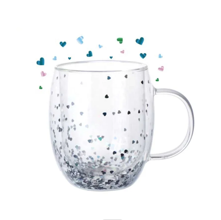 Hot Sales Insulated Sparking Star Double Wall Coffee Tea Mug Glass Cup with Handle