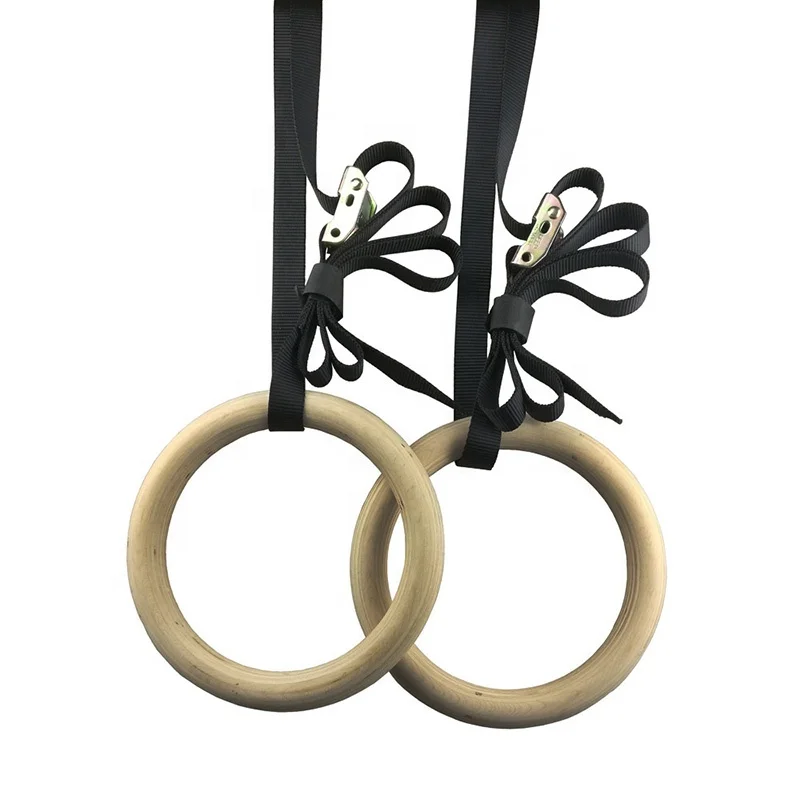 Fitness Hot Sale Gymnastic Wooden Gym Rings with Nylon Straps