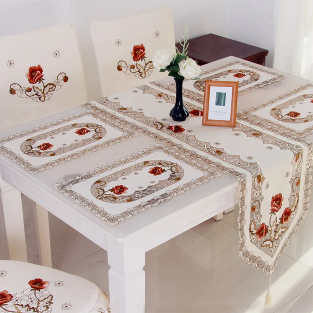 Nice delicate ready hotel cafe restaurant wedding dinning room rose embroidery flower table runner tablecloth chair cloth cover