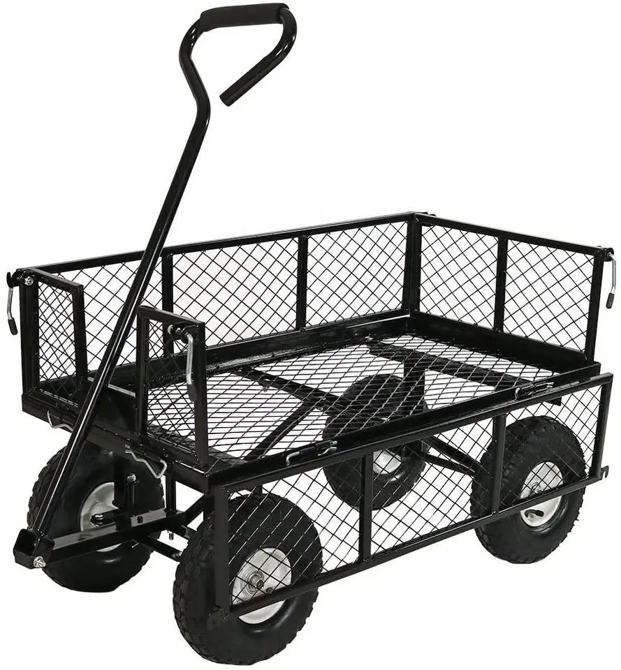 4 Wheel 990 Lbs Heavy Duty Steel Rolling Utility Wagon Yard Garden Dump Lawn Cart Flower Cargo Garden Wagon Beach Trolley