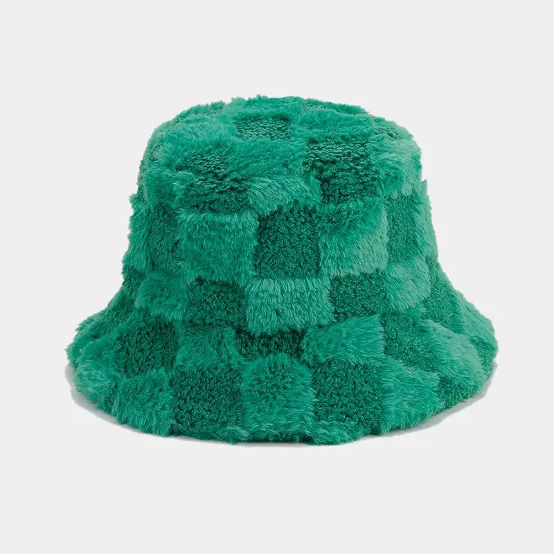 2024 New Designer Ladies Winter Warm Fluffy Plush Bucket Hat High Quality Checkerboard Pattern Fisherman Plain Styles
