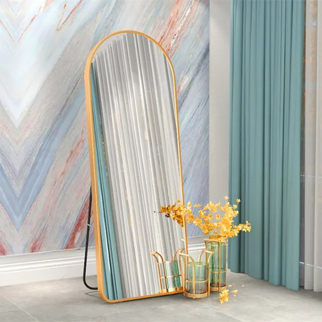 Factory Wholesale Floor Standing Gold Aluminum Metal clear polished aluminum mirror sheet arched window mirror For Dressing Home
