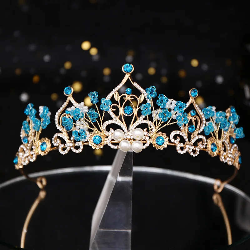 Luxury Blue Crown Pearl Water Diamond Princess Crown Hair Accessories Wedding Bridal Headwear