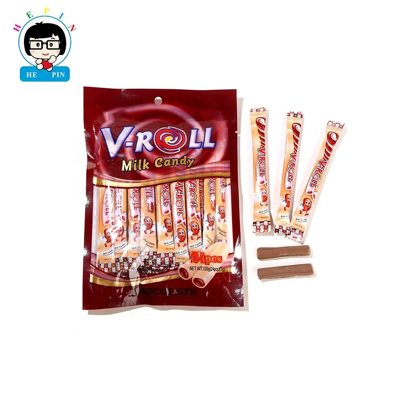 Wholesale Halal Roll Stick Chewy Milk Candy Soft Gummy Candy Chocolate Flavor Gummi