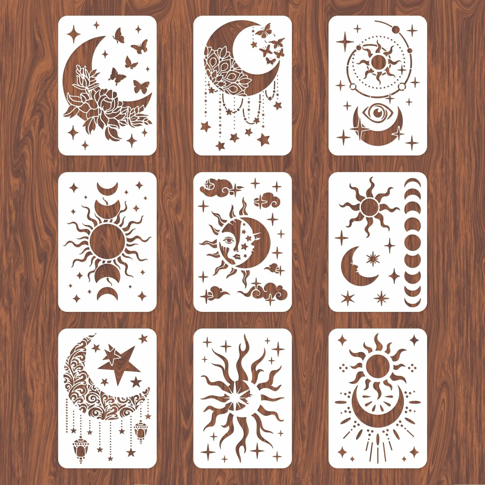 9Pcs Wall Stencils for Painting 12X8 inches Reusable Star Moon Tile Stencil Walls Concrete Floor Stencils