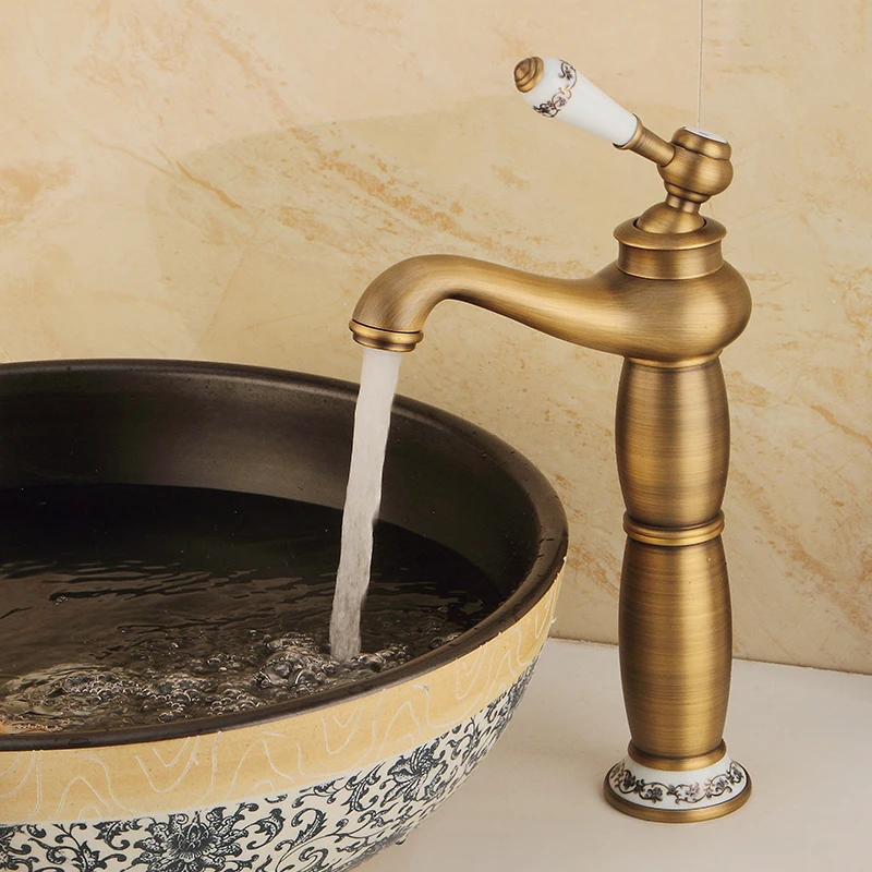 Samiyah Copper Antique European Faucet Art Basin Table Brass Faucet Bathroom Heightened Single Hole Hot And Cold Drawing Faucet