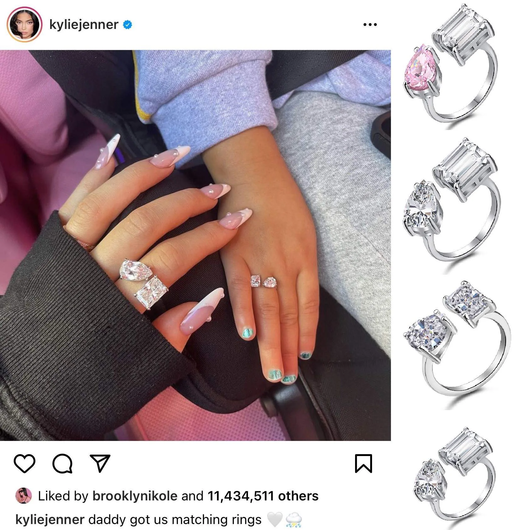 Dylam Ins Kyliejenner Same Style Hottest Heart Cut Adjustable Open Pear Cut Stones 8a Zircon You and Me Double Stone Ring Set
