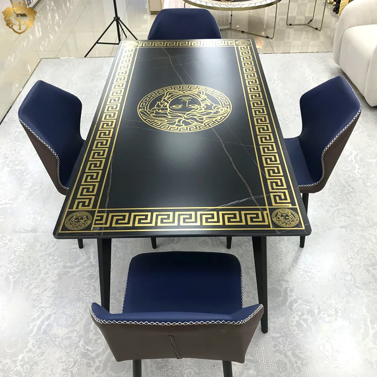 Extra large classic ornate black dining set tables slab 1800x900 top italian square gold luxury dining table set with 6 chairs