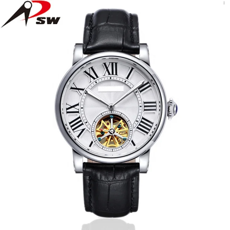 Custom Men Leather Mechanical Watch Skeleton Watch Mechanical Glass Stainless Steel Buckle Mineral Pearl Fashion Unisex