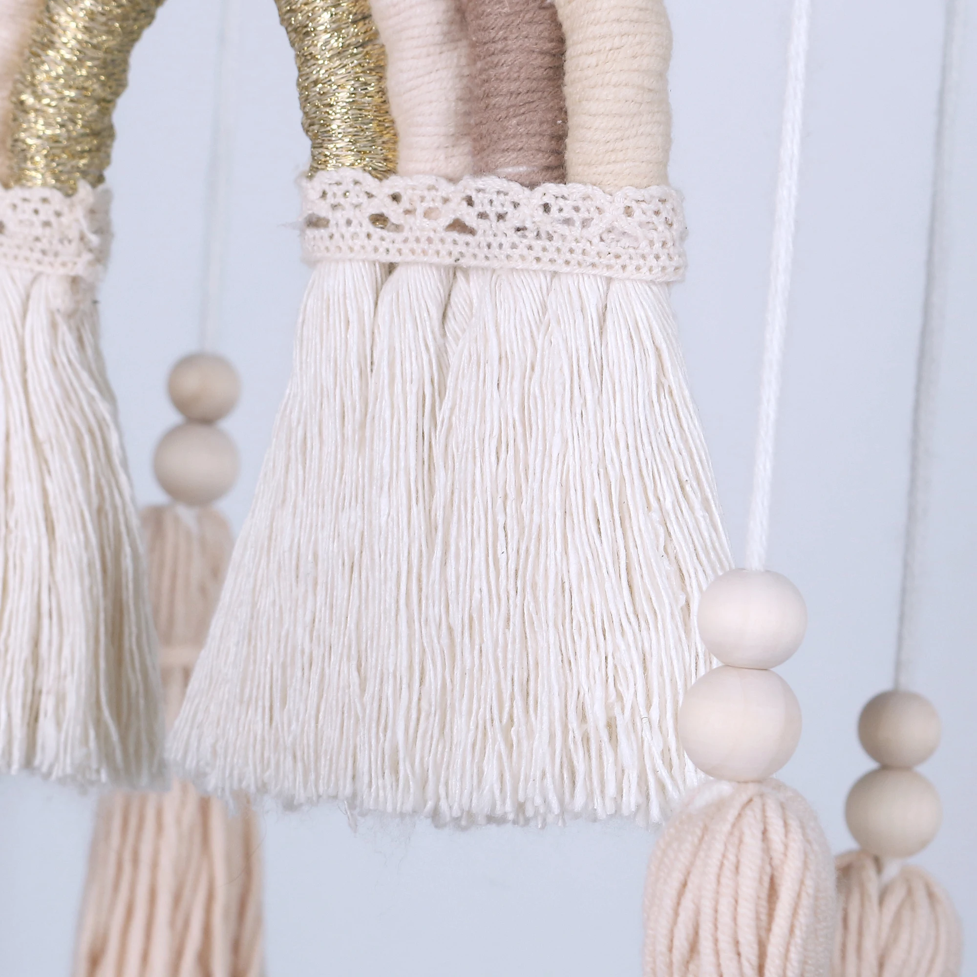 Handmade Woven Rainbow Wooden Multi Color Safe Baby Toy Ornaments Crib Pendant With Tassel For Baby Bed Decoration
