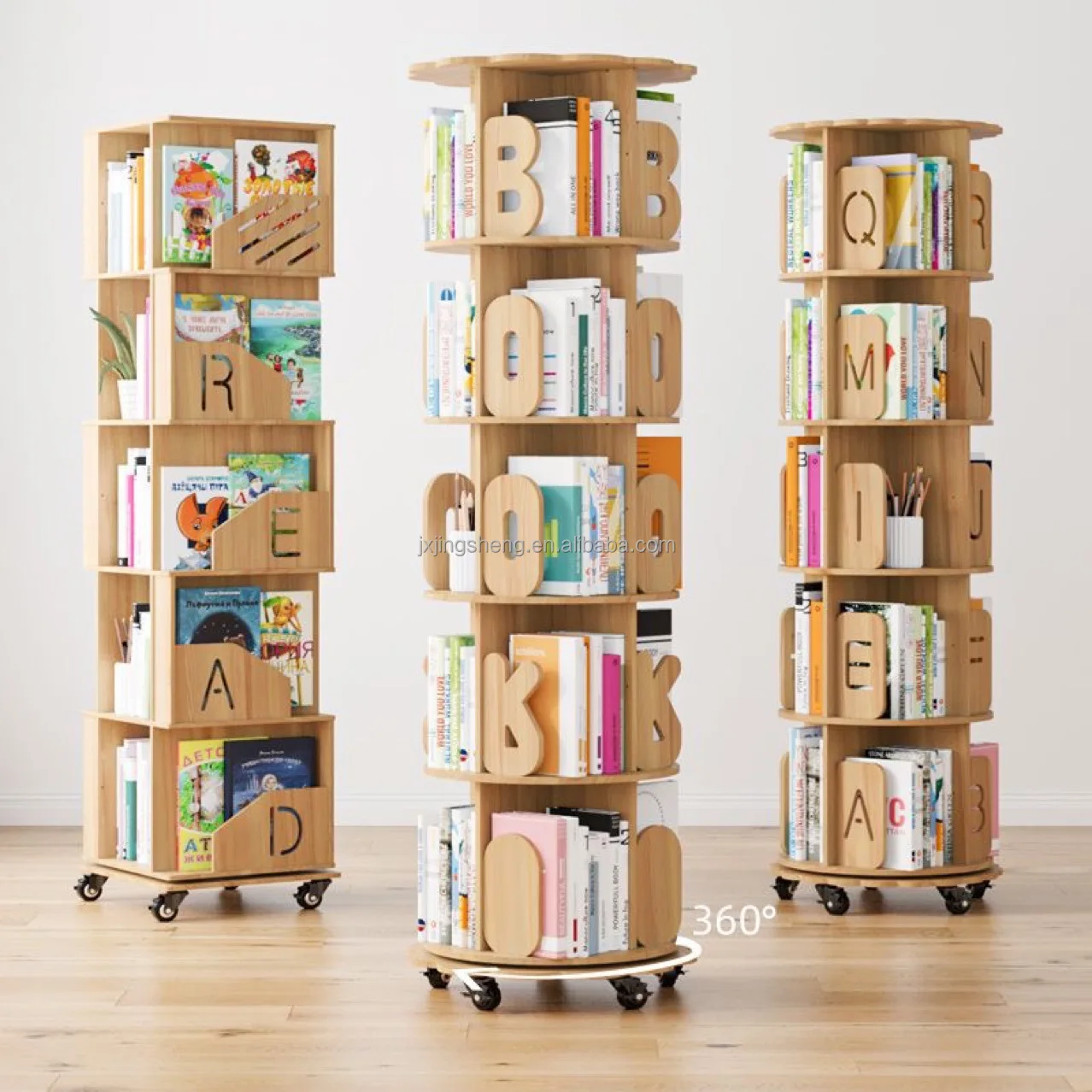 Solid wood rotating  bookshelf 360 degree movable bookshelf wall bookcase with wheel