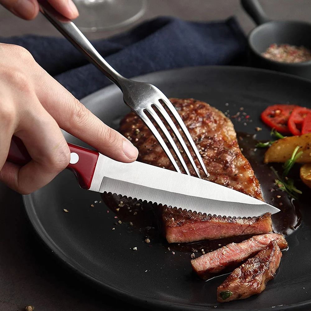 Premium High Quality Luxury Full Tang Serrated Stainless Steel Dishwasher Safe Dinner Knives Plastic Handle Steak Knife Set of 8