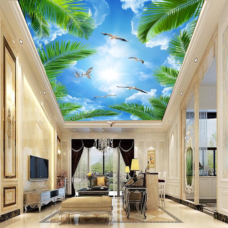 HD Interior 3d Wallpaper Leaf Sky Bird Cloud Wall Mural Ceiling Wallpaper