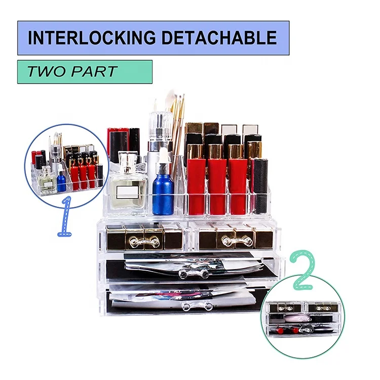 Оптовая продажа, коробка, прозрачный акриловый косметический Органайзер для туалетного столика с ящиками для хранения и Складными ящиками