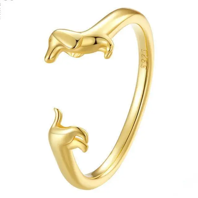 Rainbowking Sterling Silver S925 Dachshund Open Ring Simple Cute Cute Fun Vegan Silver Puppy Ring Fine Jewelry Ring