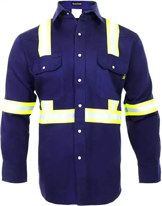 100% Cotton NFPA 2112 Custom Logo CAT 2 Flame Resistant High Visibility Long Sleeve Hi Vis FR Shirt