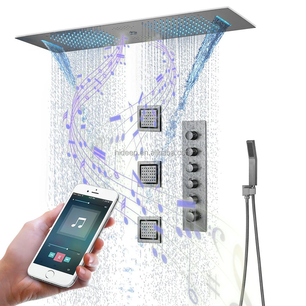 Led Shower System with Music Speaker 36*12 Inch Shower Head Mist Rain and Waterfall Thermostatic Shower Faucet Set