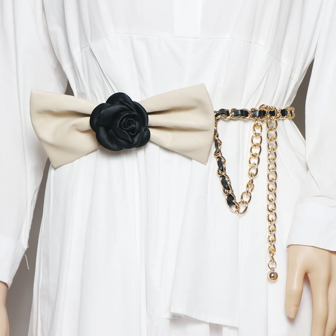 High Quality Designer Leather Belts Elegant Camellia Chain Belt Adjustable Ladies Waist Chain Women Metal Belt Cadena De Cintura