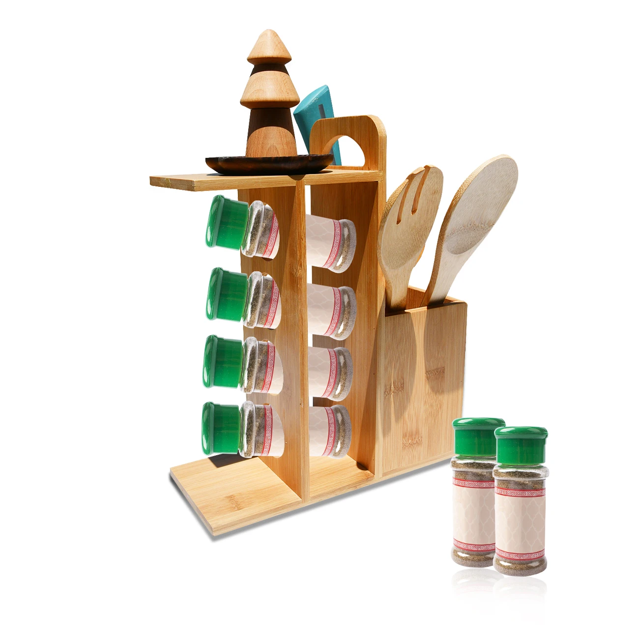 3 Tier Pull Out Revolving Magnetic Bamboo Spice Jar Bottle Organizer Rack With Utensil Holder Space Saving