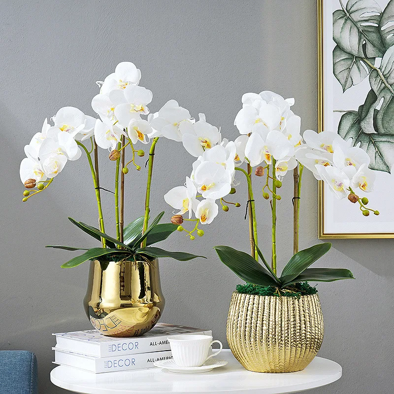 Artificial Silk Real Touch Orchid Flower ceramic vase set