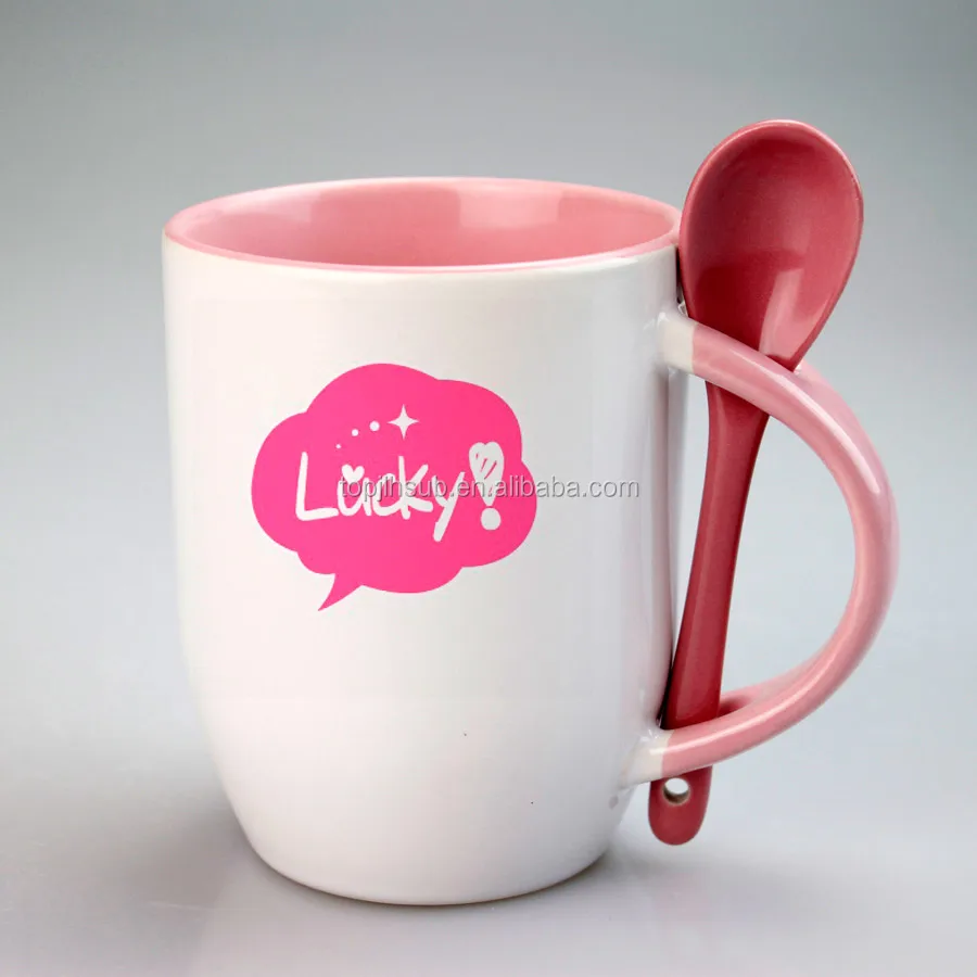 Hot Sell sublimation inner color ceramic mug custom logo coffee mug with spoon