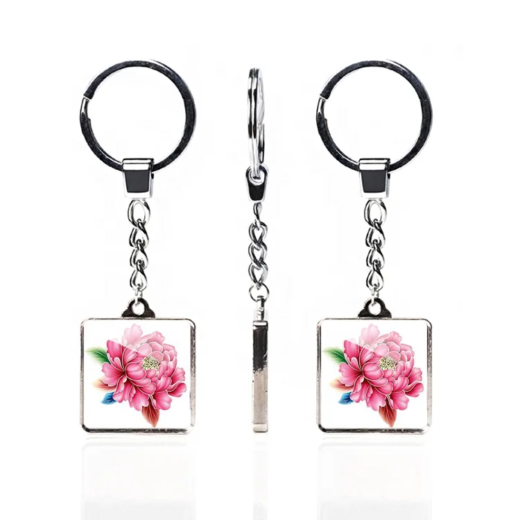 Wholesale Cheap Metal Key Chain Ring Peony Custom Photo Square Glass Keychain