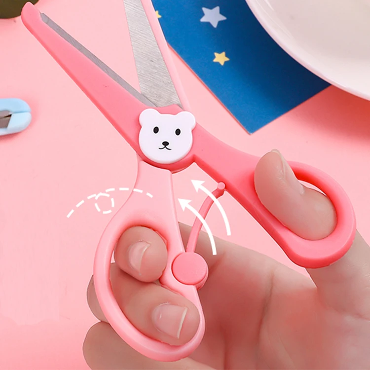 OULE Children Diy5 Inch All-plastic Round Head Cute Bear Scissors Protect Children Safety Stationery Hand Scissors