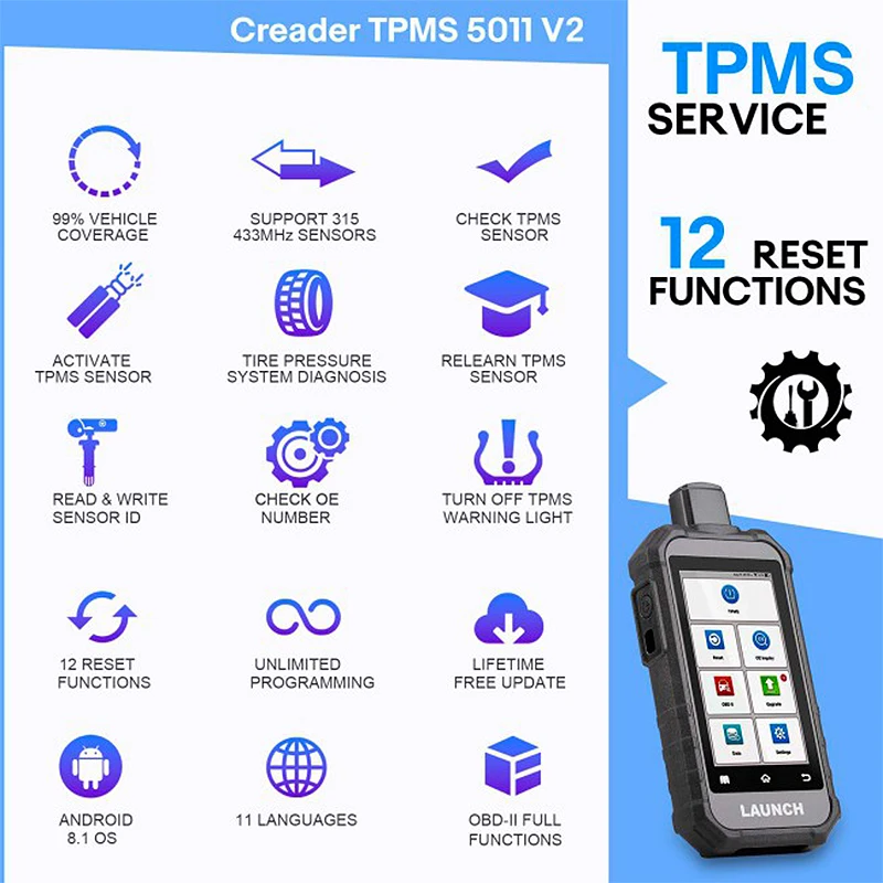 Latest Launch Creader TPMS 5011 V2 Comprehensive Diagnostic Tool 2+32GB Tire Pressure Sensor Supports Multiple Languages Battery