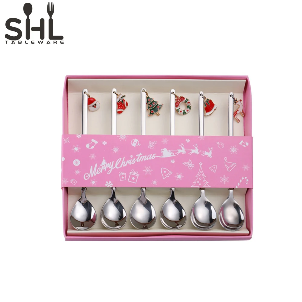 304 Stainless Steel Christmas Design Gold Stirring Cute Dessert Coffee Spoon Fork Set For Gift