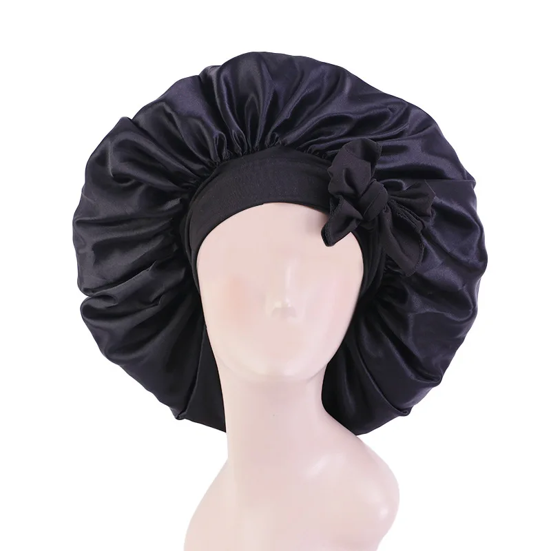 Amazon new design Stretch wide brim extra large round streamer designer wholsale satin bonnet adjustable with tie band