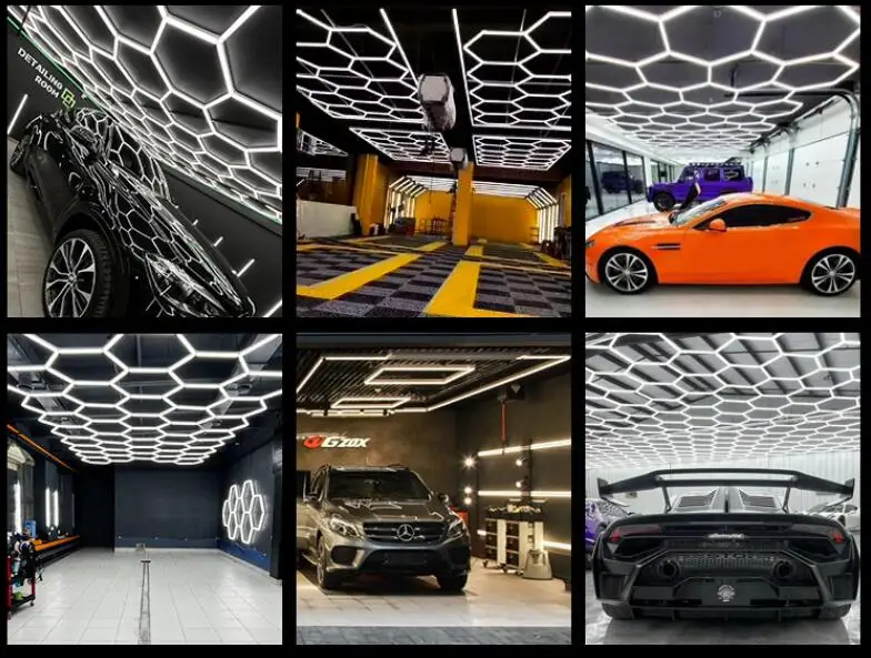 8*16FT Deformable Honeycomb Auto Car Detailing Lights Workshop Customized Grid Garage Lighting Ceiling Hexagonal LED Light