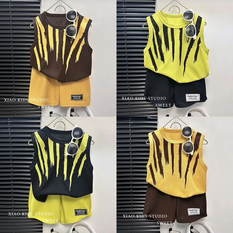 Children Clothes Of Boy sets sleeveless Waffle Suit High Street Cool Boy Suit For Dancing Tracksuit