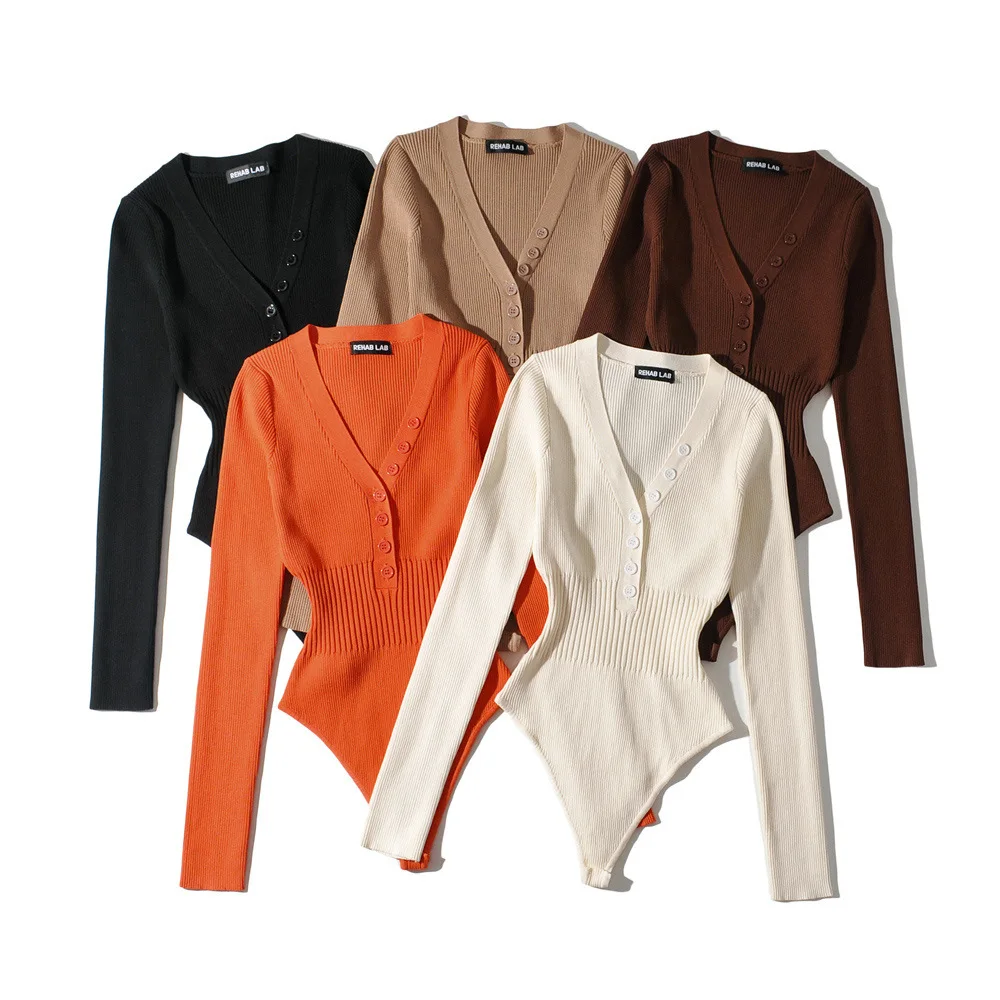 New Design Solid Color  V-neck Longsleeve knit Brown Spandex  Bodysuit For Women