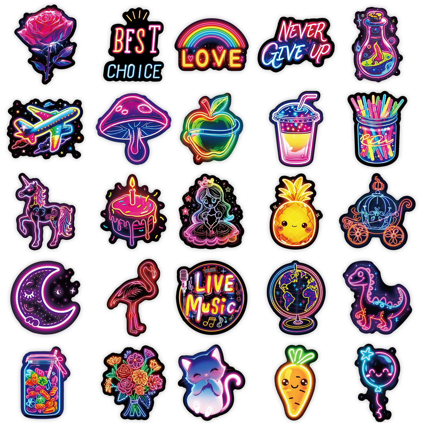 50Pcs Cute Cartoon Night Neon Graffiti Stickers For Bottle Wall Decor Children Bedroom Decor Toy Sticker