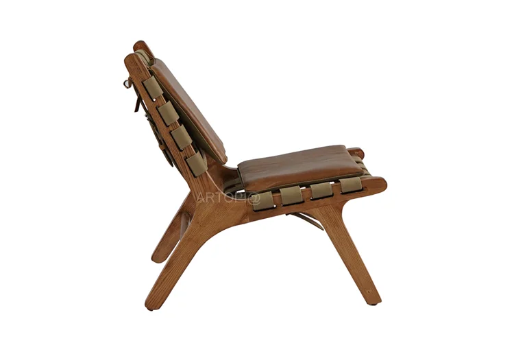 Nordic wood leisure chair genuine leather seat living room furniture lounge chair