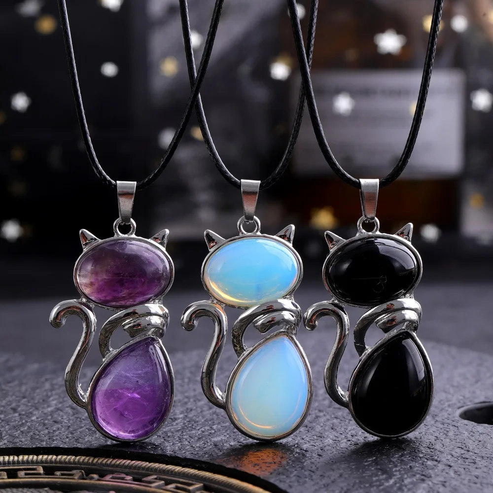 40mm Cute Cat Gemstone Animal Pendants Reiki Natural Amethyst Stone Lovely Cat Shape Charm Pendants  for DIY Jewelry Making