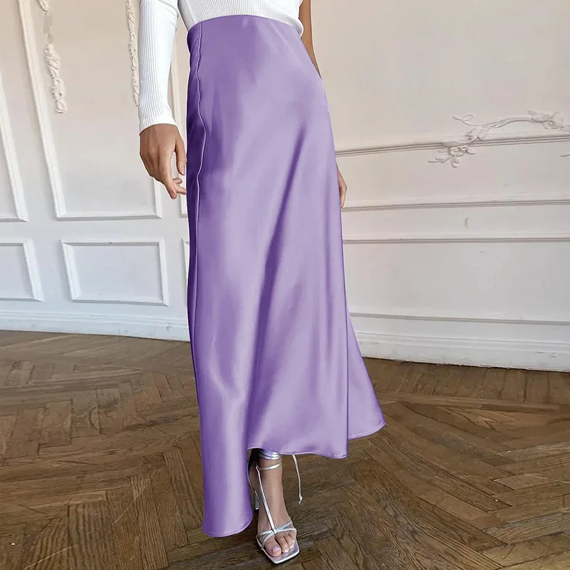 2022 Summer New Fashionable Female Casual Elegant Office Wear Pleated High Waist Midi Skirts Solid Satin Maxi Long Skirts Women