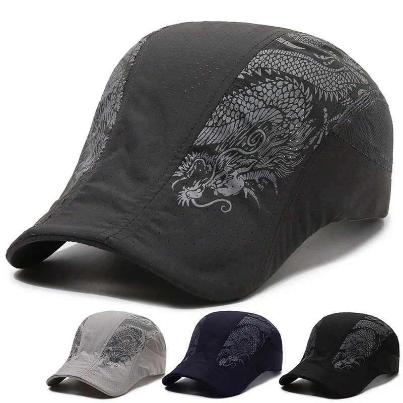 Quick Drying Berets Hat Unisex Summer Outdoor Uv Chinese Dragon Mesh Design Beret Sun Hat