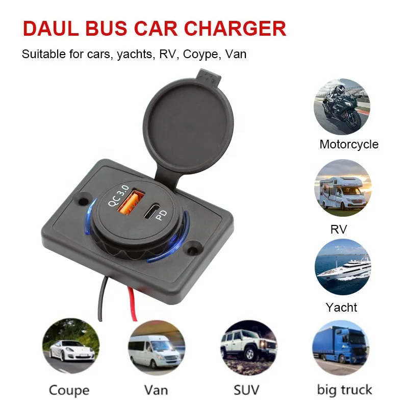 12V 24V Panel Mount Dual QC 3.0 Type C Train Tram Marine Boat Car Bus Seat USB Charging Port Bus USB Charger