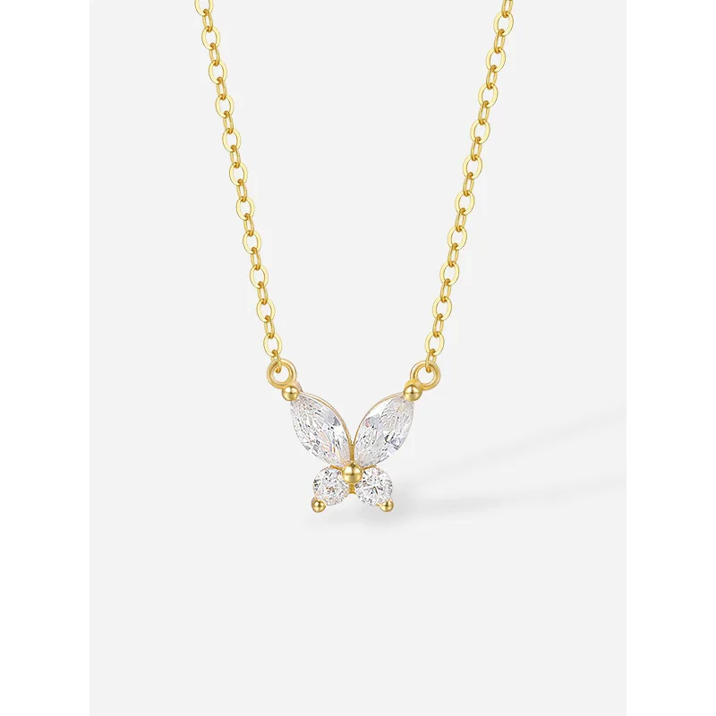 Women 18k Gold Plated Fine Jewelry 925 Sterling Silver Geometric Circle Water Drop Cubic Zirconia Butterfly Pendant Necklace