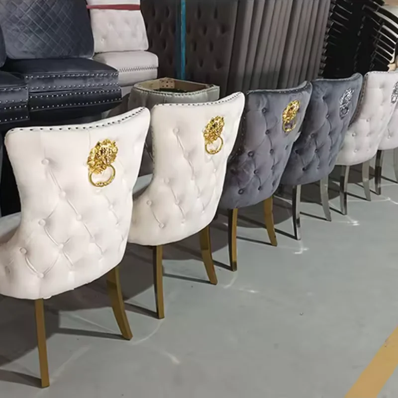 Unique Button Tufted Velvet Fabric Lion Knocker Modern Design Stainless Steel Legs Dining Room Sets of 6 Dining Chairs