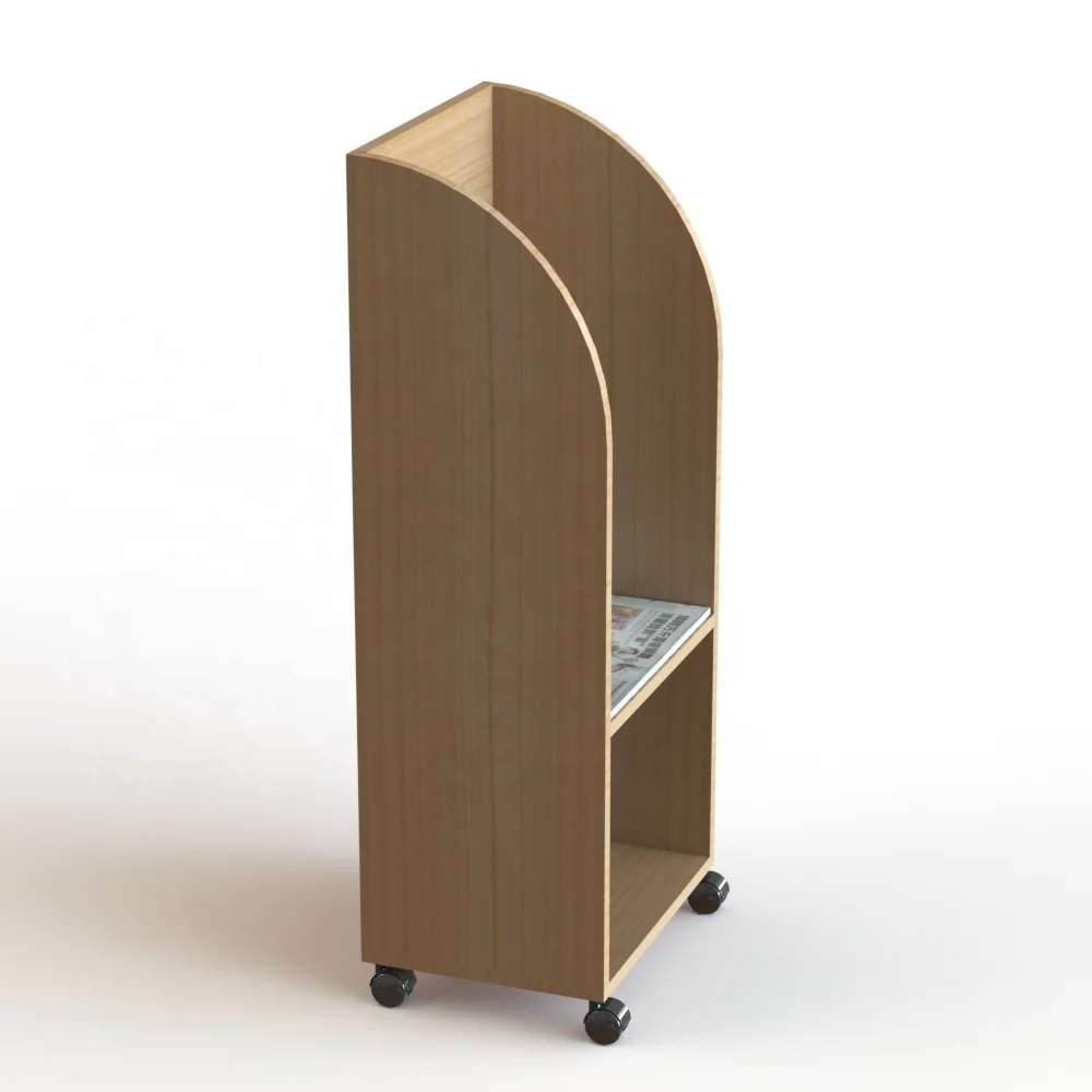Wooden Maple Newspaper Display Racks 2 Shelves MDF Floor Literature Display Stand with caster