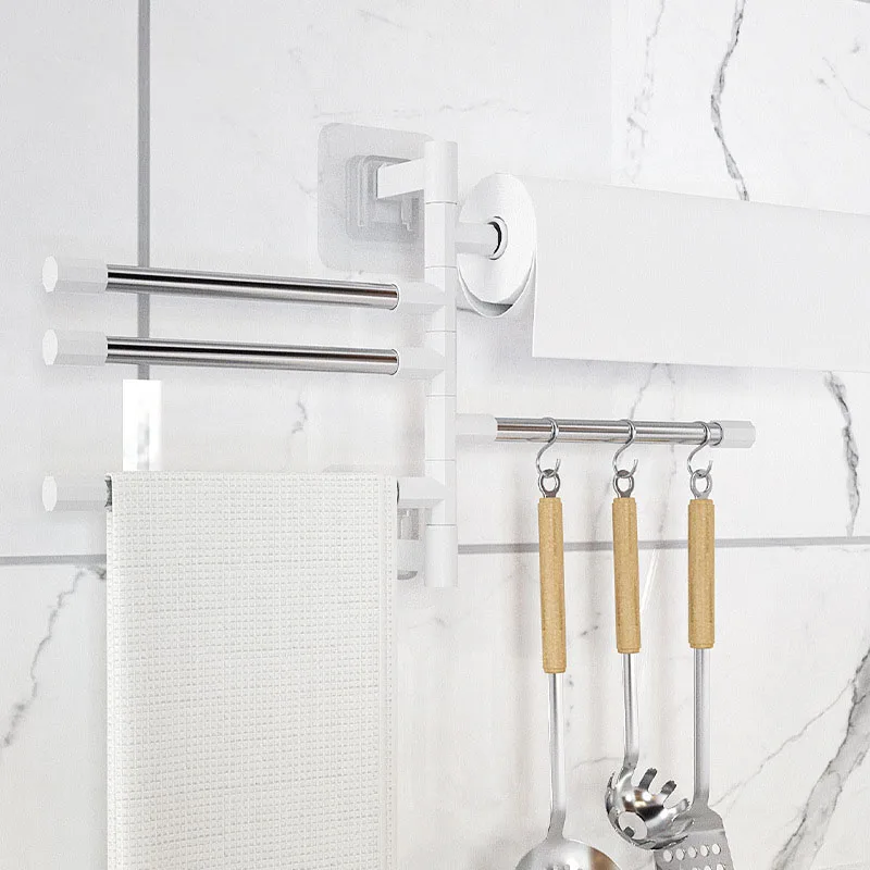 Bathroom Wall Mounted Rotating Towel Rack Perforation Free Multi-layer Towel Hanger Household Rotating Towel Hanging Pole Rack