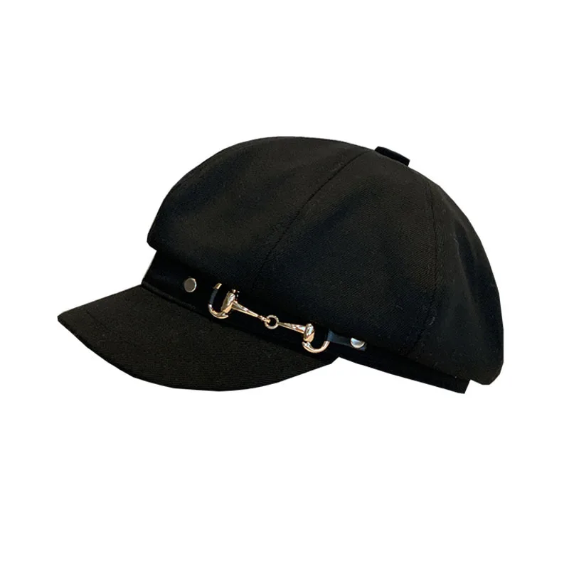 French style Horsebit buckle octagonal beret hat plain black white cotton berets and hats for women wholesale