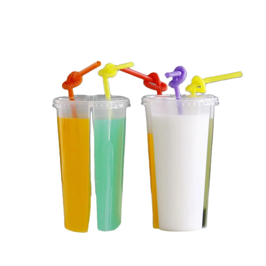 12oz 16oz 24oz Clear PP Plastic Cups with Flat Lids plastic disposable twins split pp plastic cup bubble tea milk shakes
