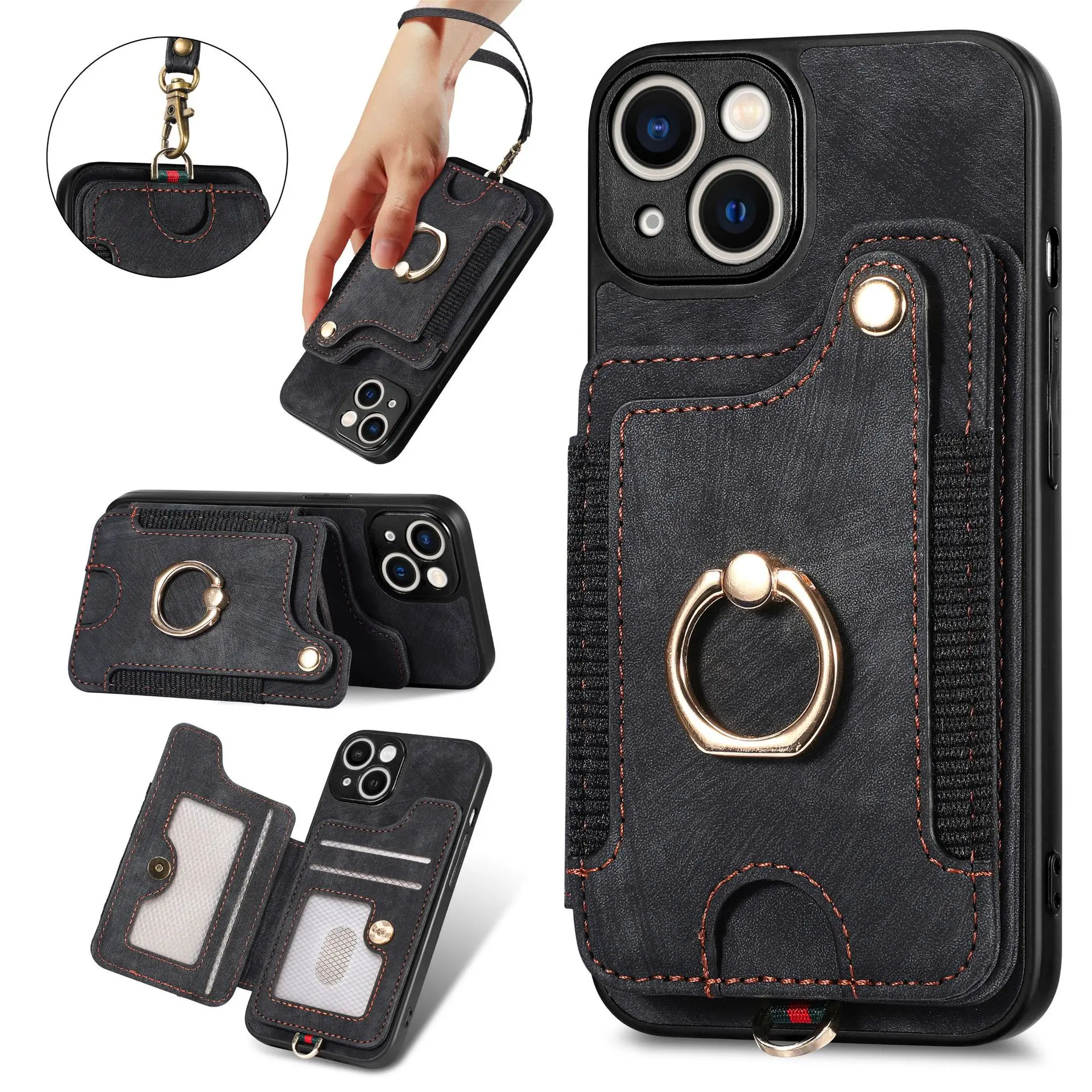 For iPhone 11  12 13 14 Pro Max RFID anti-theft brush PU Leather credit card wallet with ring holder mobile phone case