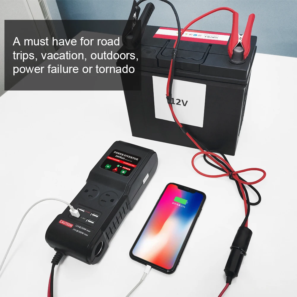 General vehicle dc ac inverter 12V 24V converted to 110V 300W 4USB interface 12V dc ac power inverter