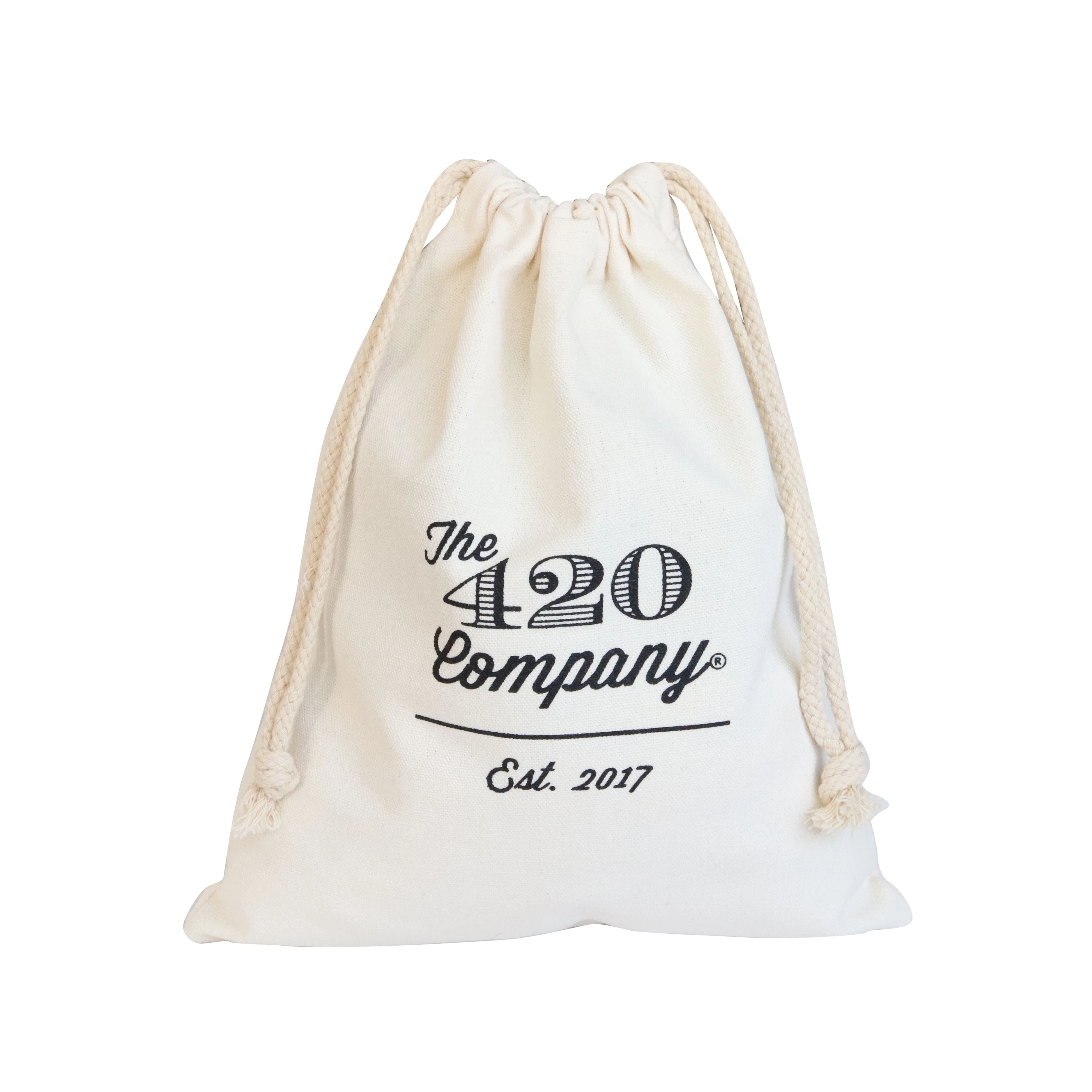 Ecofriendly large natural beige cotton canvas dust pouch with black logo printed hats handbag package drawstring bag