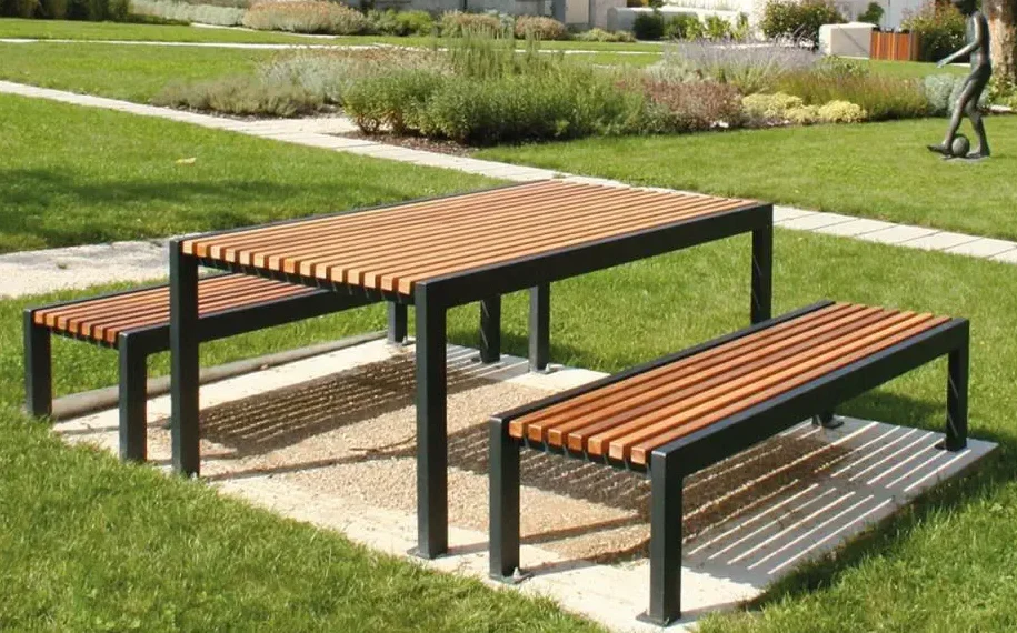 Outside Patio Hotel Restaurant wood picnic table Modern Dining Outdoor Garden wood bench and table